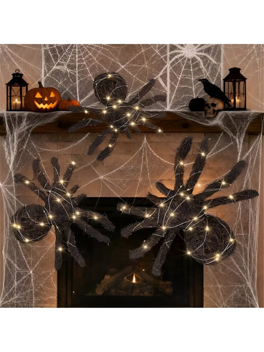 3 Pcs Halloween Rattan Woven Fake Spider Decor with String Lights
